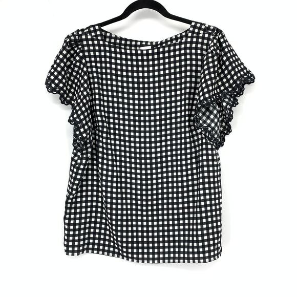 Ann Taylor Boatneck Flutter Sleeve Buffalo Check Top Womens Size MT Black White - Picture 1 of 7